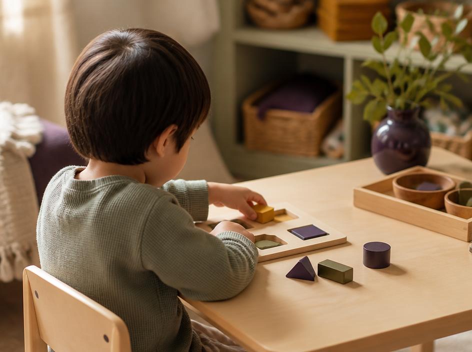 Child engaged in structured play with puzzles