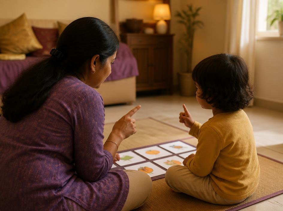 Parent and child practicing communication with picture cards